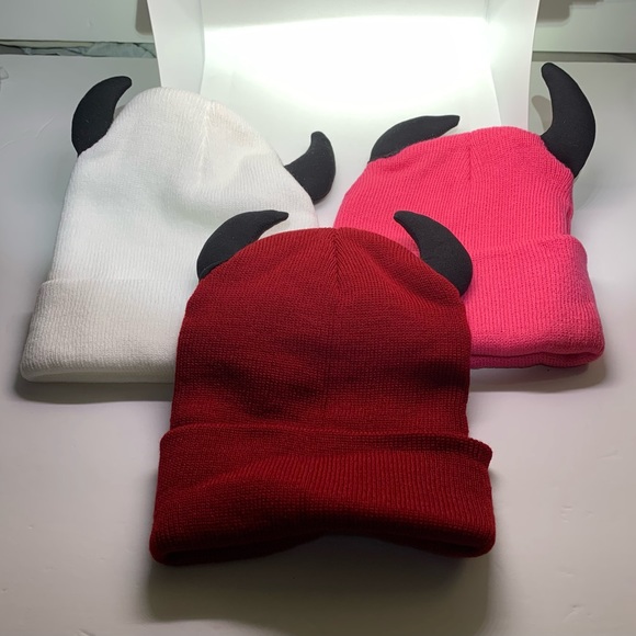 3 pack 1 red 1 pink 1 white knit beanie cap horns devil hat winter goth punk emo - Picture 2 of 12